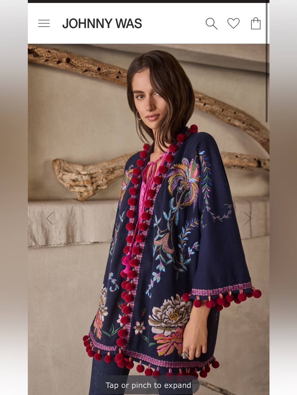 Johnny Was Navy Embroidered BIYA SHORT KIMONO Pom-pom sweater - Picture 5 of 5